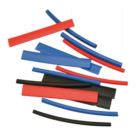 Lot de 18 gaines thermorétractable 8cm bleues, rouges et noires 6xØ3,5mm + 6xØ5mm + 6xØ7mm